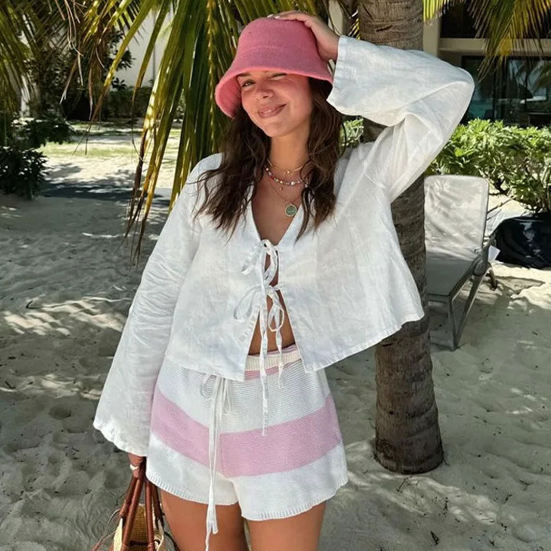 Cute Plunge Neck Bow Tie Drop Shoulder Long Sleeve Summer Blouse