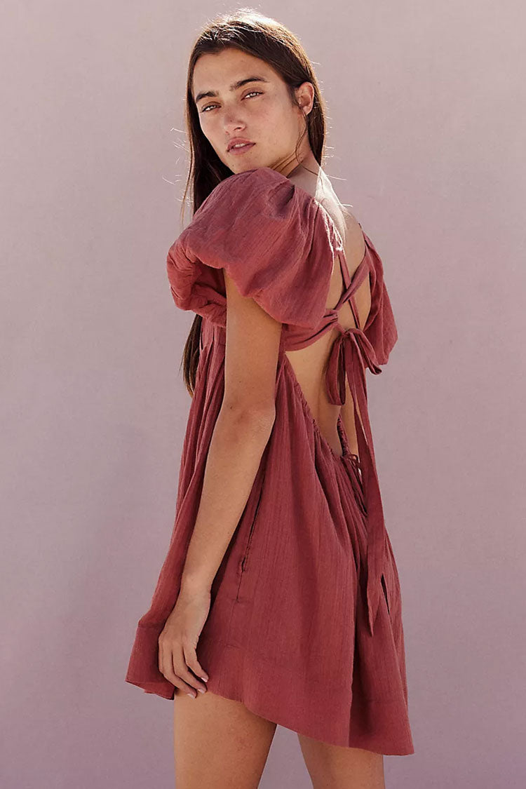 Cute Puff Sleeve Pleated Lace Up Backless Summer Babydoll Mini Dress
