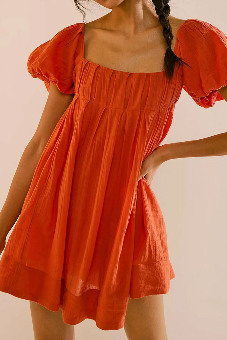 Cute Puff Sleeve Pleated Lace Up Backless Summer Babydoll Mini Dress