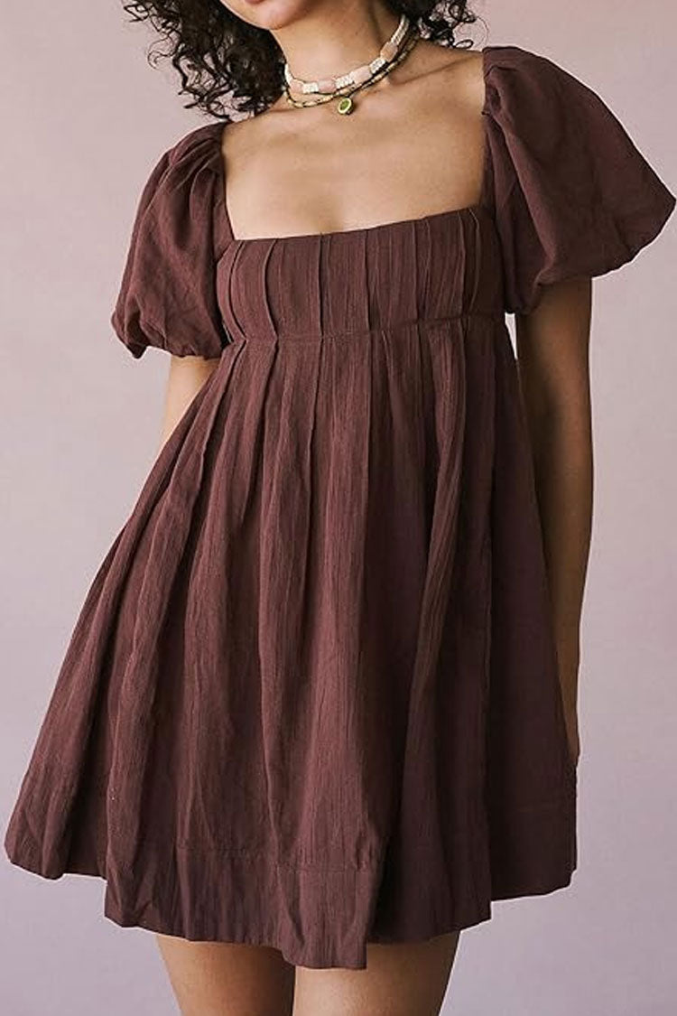 Cute Puff Sleeve Pleated Lace Up Backless Summer Babydoll Mini Dress