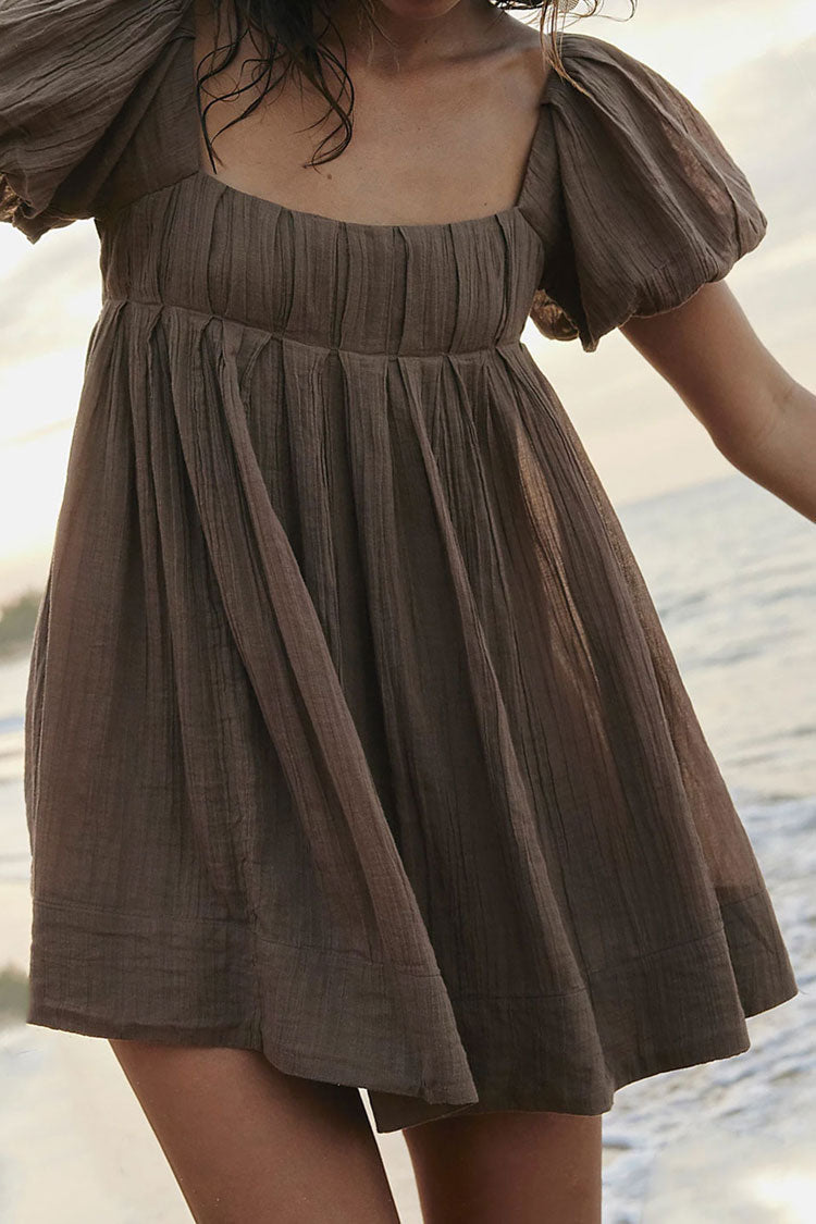 Cute Puff Sleeve Pleated Lace Up Backless Summer Babydoll Mini Dress