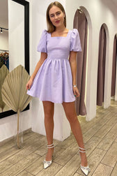 Cute Square Neck Puff Sleeve Lace Up Back Seersucker Skater Mini Dress - Lilac 2