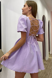 Cute Square Neck Puff Sleeve Lace Up Back Seersucker Skater Mini Dress - Lilac 3