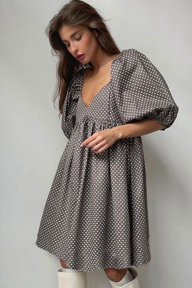 Polka Dot V-Neck Puff Sleeve Lace Trim Babydoll Mini Dress 2