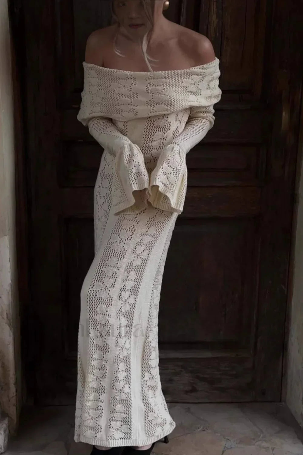 Cutout Off-Shoulder Crochet Knit Bodycon Maxi Dress