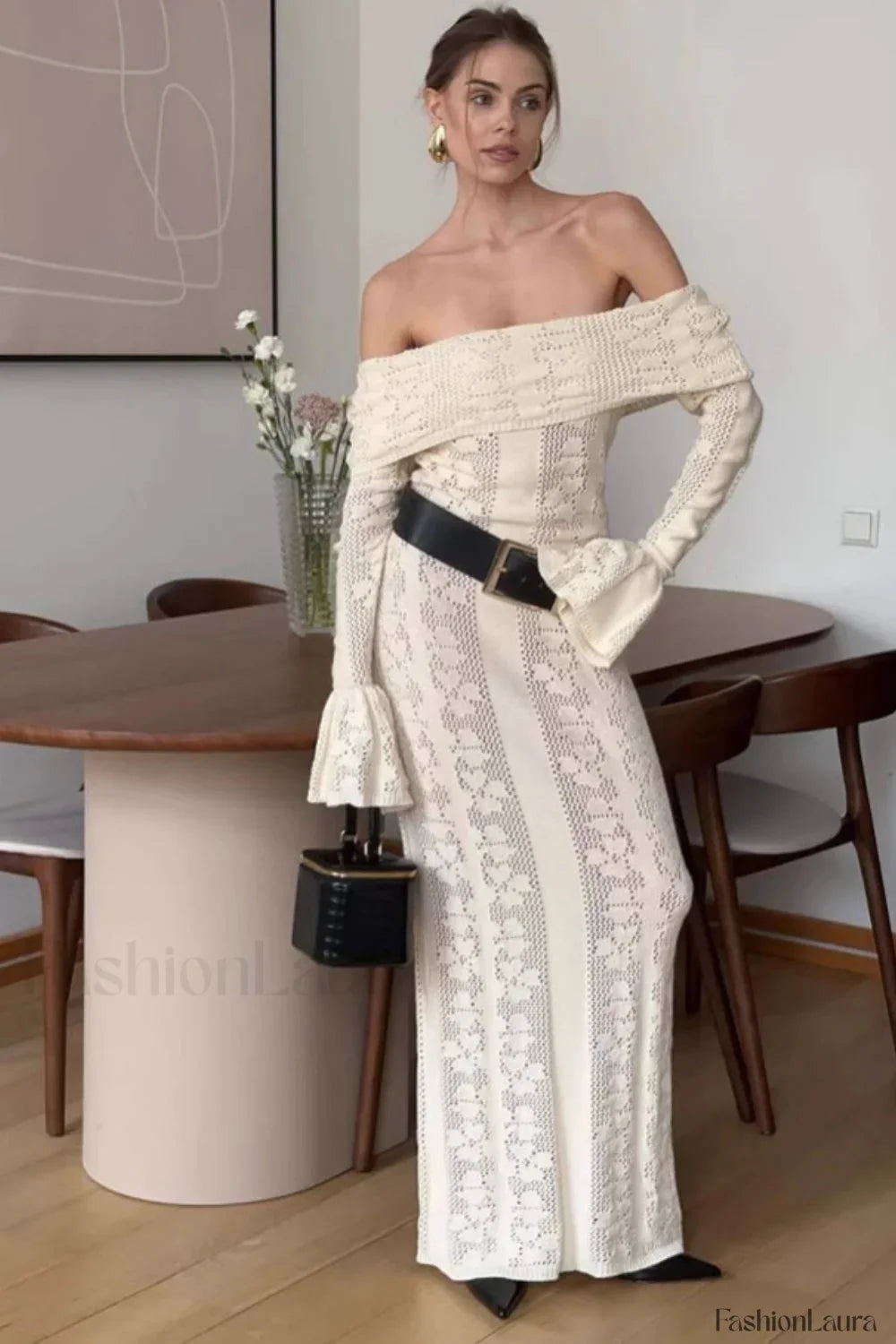 Cutout Off-Shoulder Crochet Knit Bodycon Maxi Dress