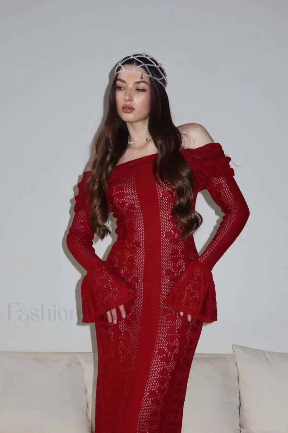 Cutout Off-Shoulder Crochet Knit Bodycon Maxi Dress