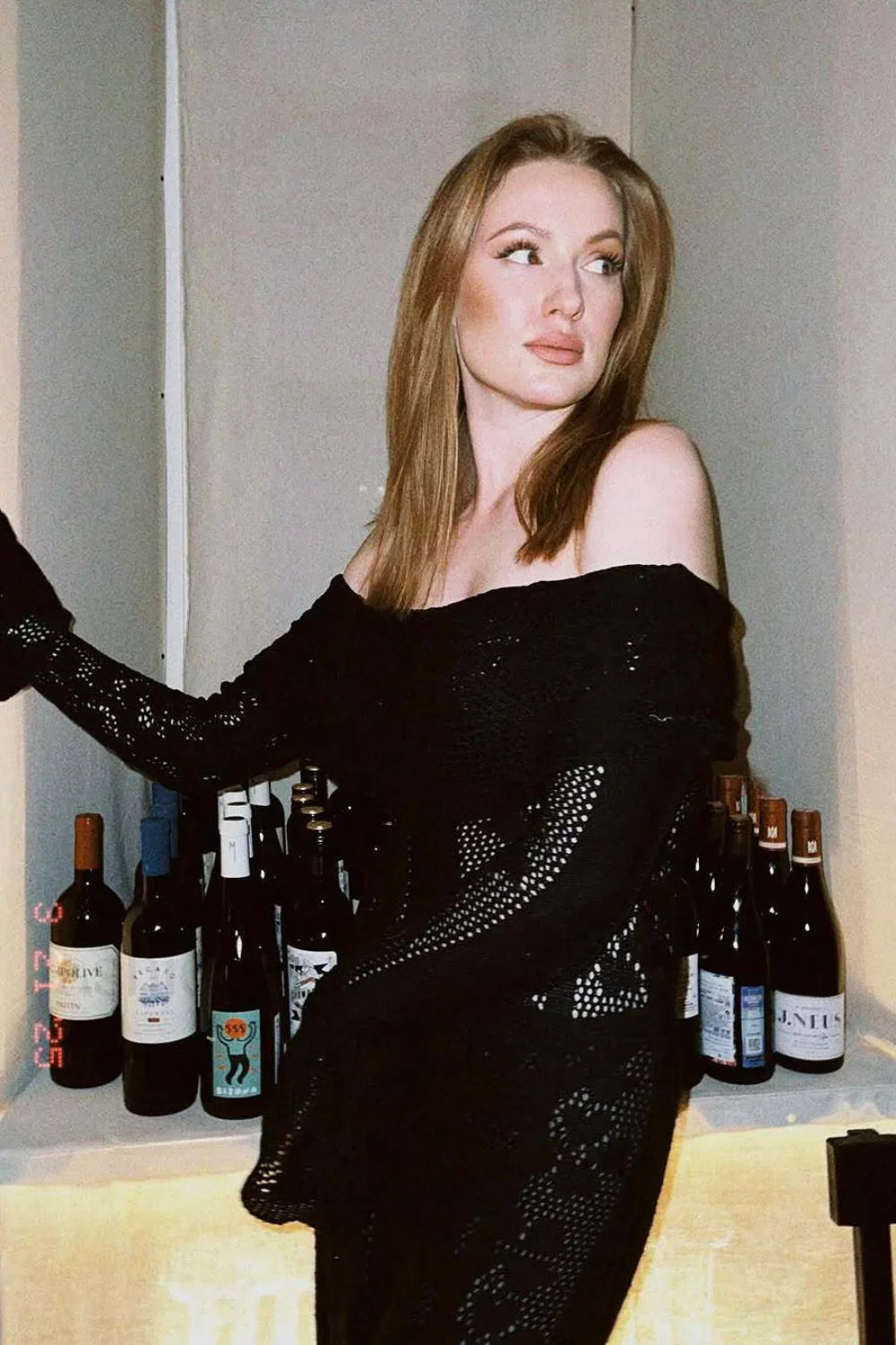 Cutout Off Shoulder Crochet Knit Bodycon Maxi Dress Black / S