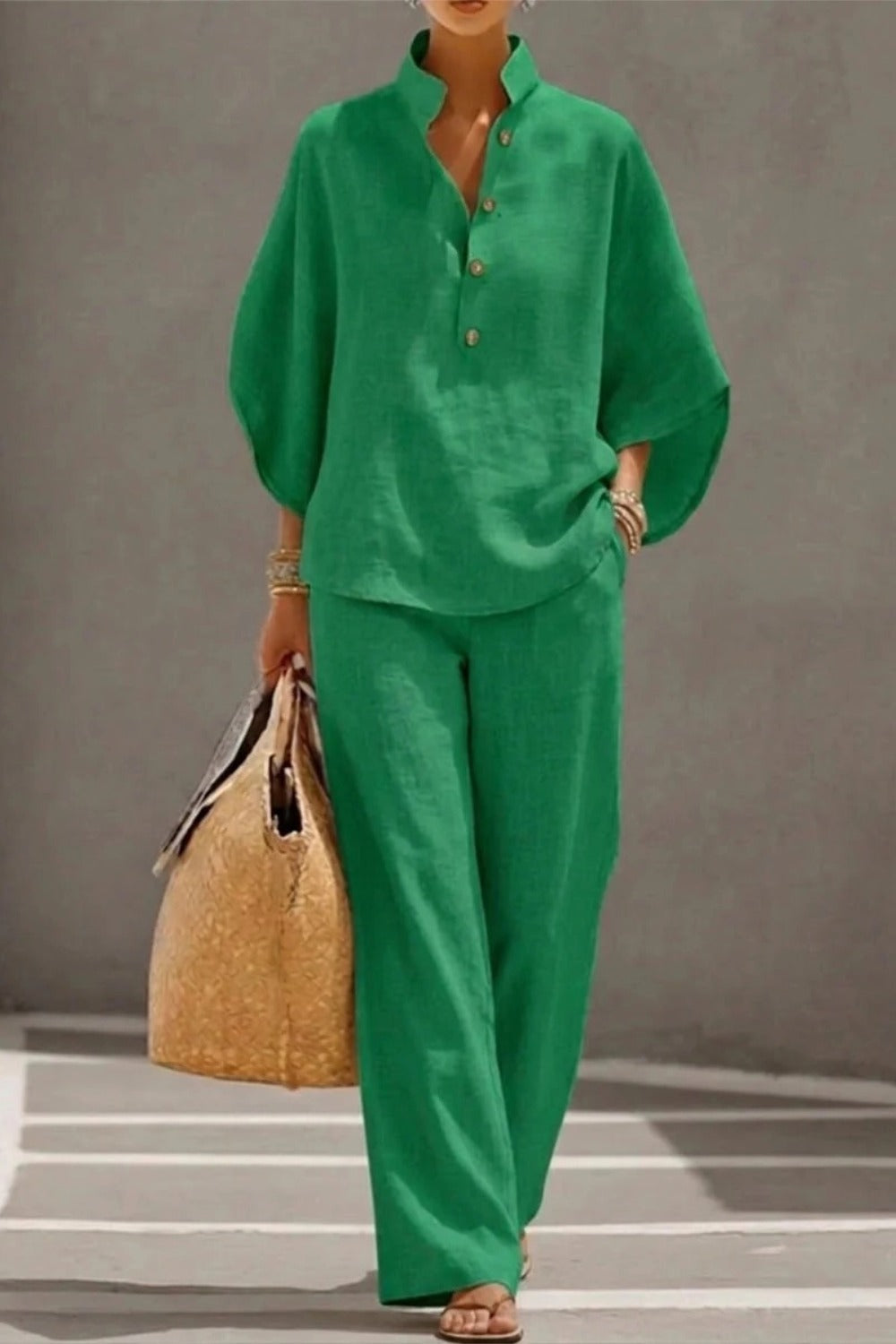Cotton Linen Batwing Sleeve Wide Pants Set