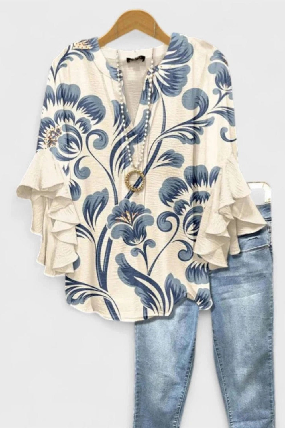 Floral Print V-Neck Ruffle Sleeve Blouse