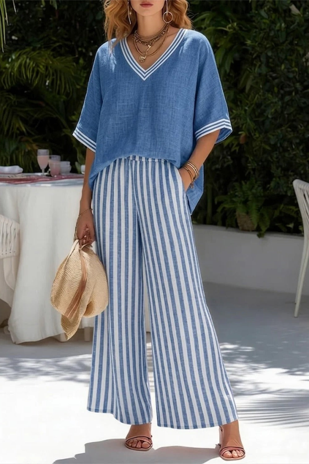 Striped Linen Two Piece Casual Summer Outfit Set