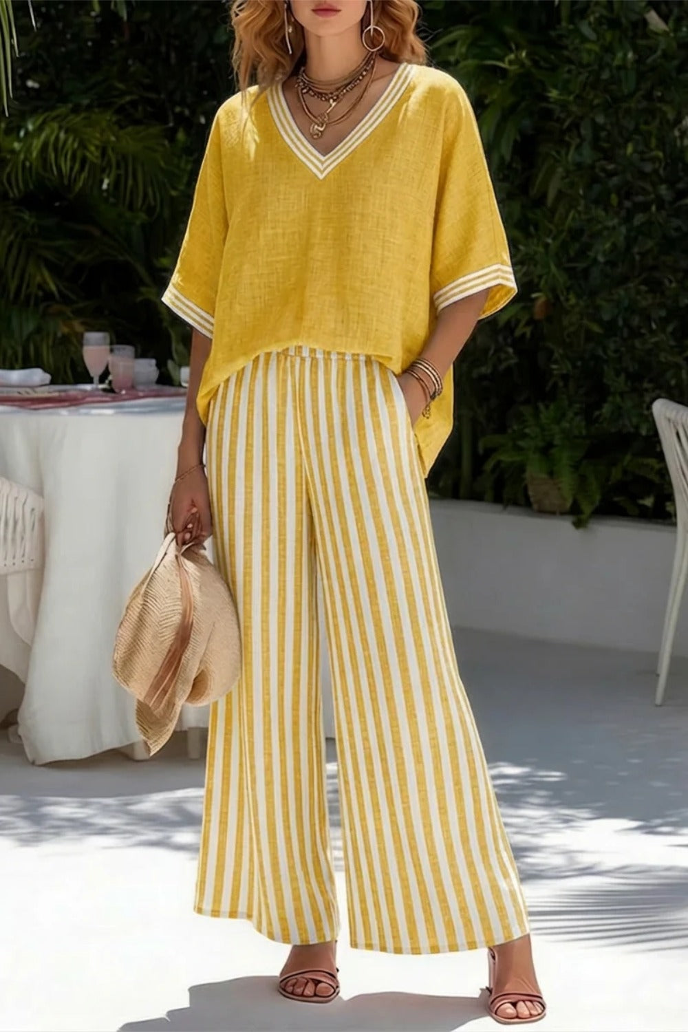 Striped Linen Two Piece Casual Summer Outfit Set