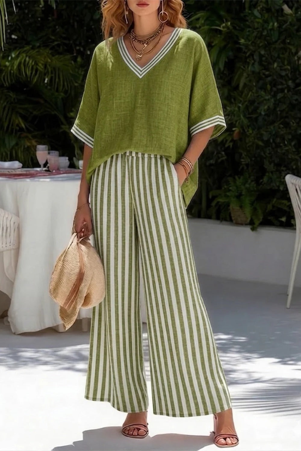 Striped Linen Two Piece Casual Summer Outfit Set