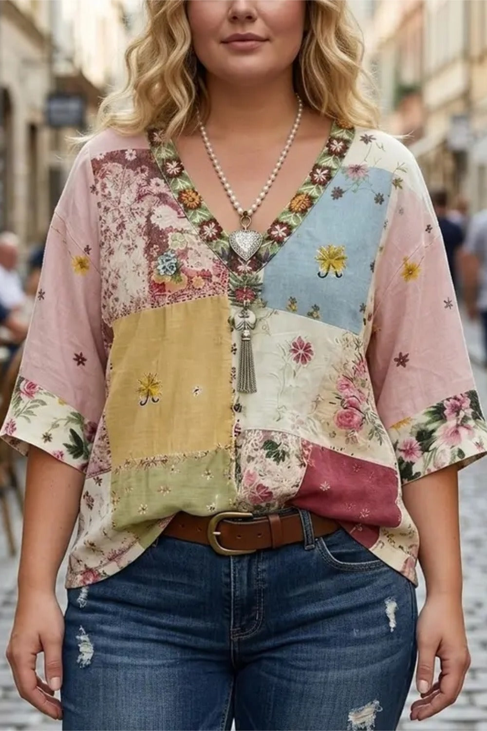 Retro Floral Embroidered V-Neck Half Sleeve Cotton Blouse