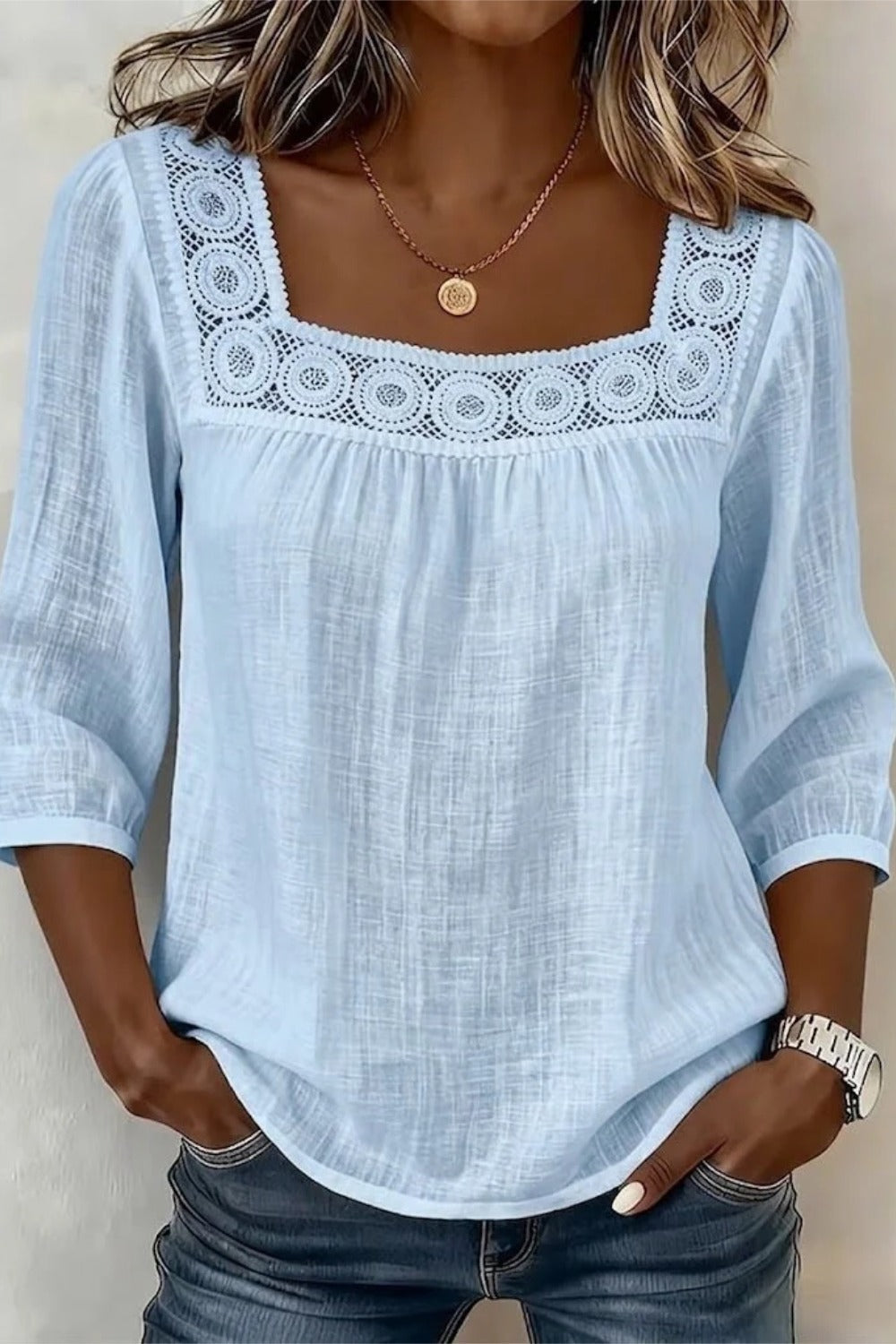 Square Neck Half Sleeve Plain Regular Loose Blouse For Women