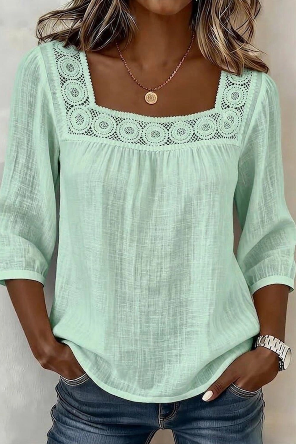 Square Neck Half Sleeve Plain Regular Loose Blouse For Women