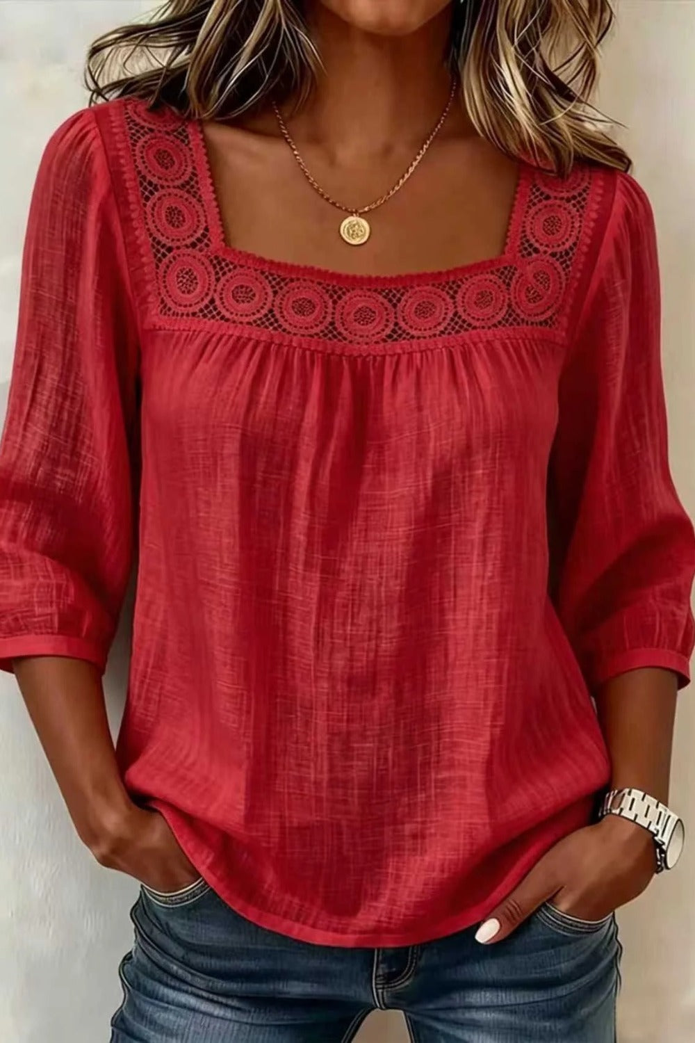 Square Neck Half Sleeve Plain Regular Loose Blouse For Women