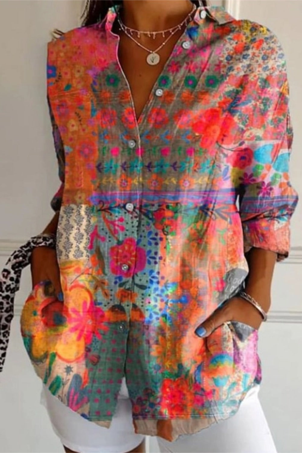 Women's Shirt Cotton Button Up Floral Geometric Basic Blouse Casual Long Sleeve Shirt