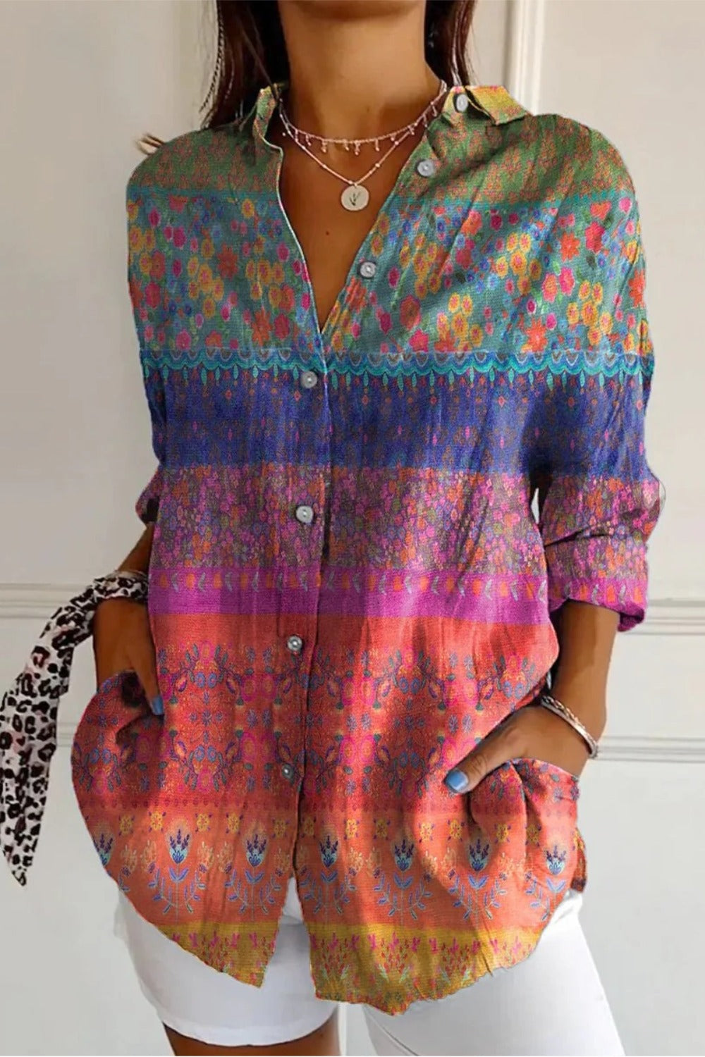 Women's Shirt Cotton Button Up Floral Geometric Basic Blouse Casual Long Sleeve Shirt