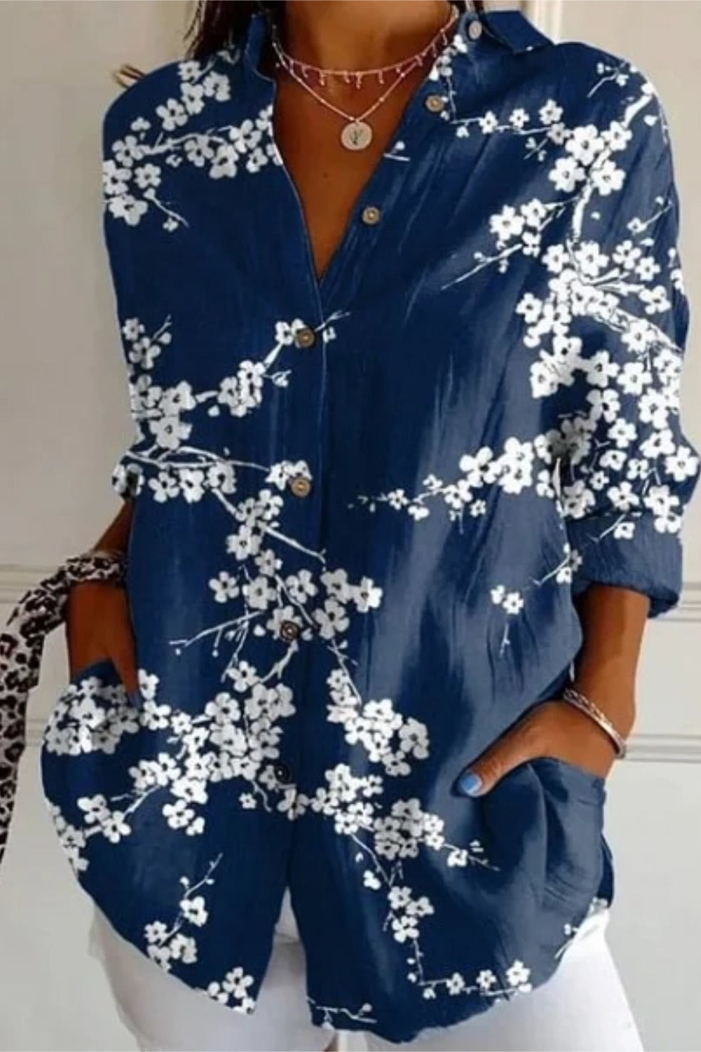 Women's Shirt Cotton Button Up Floral Geometric Basic Blouse Casual Long Sleeve Shirt