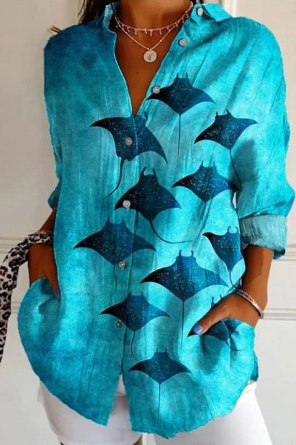 Women's Shirt Cotton Button Up Floral Geometric Basic Blouse Casual Long Sleeve Shirt