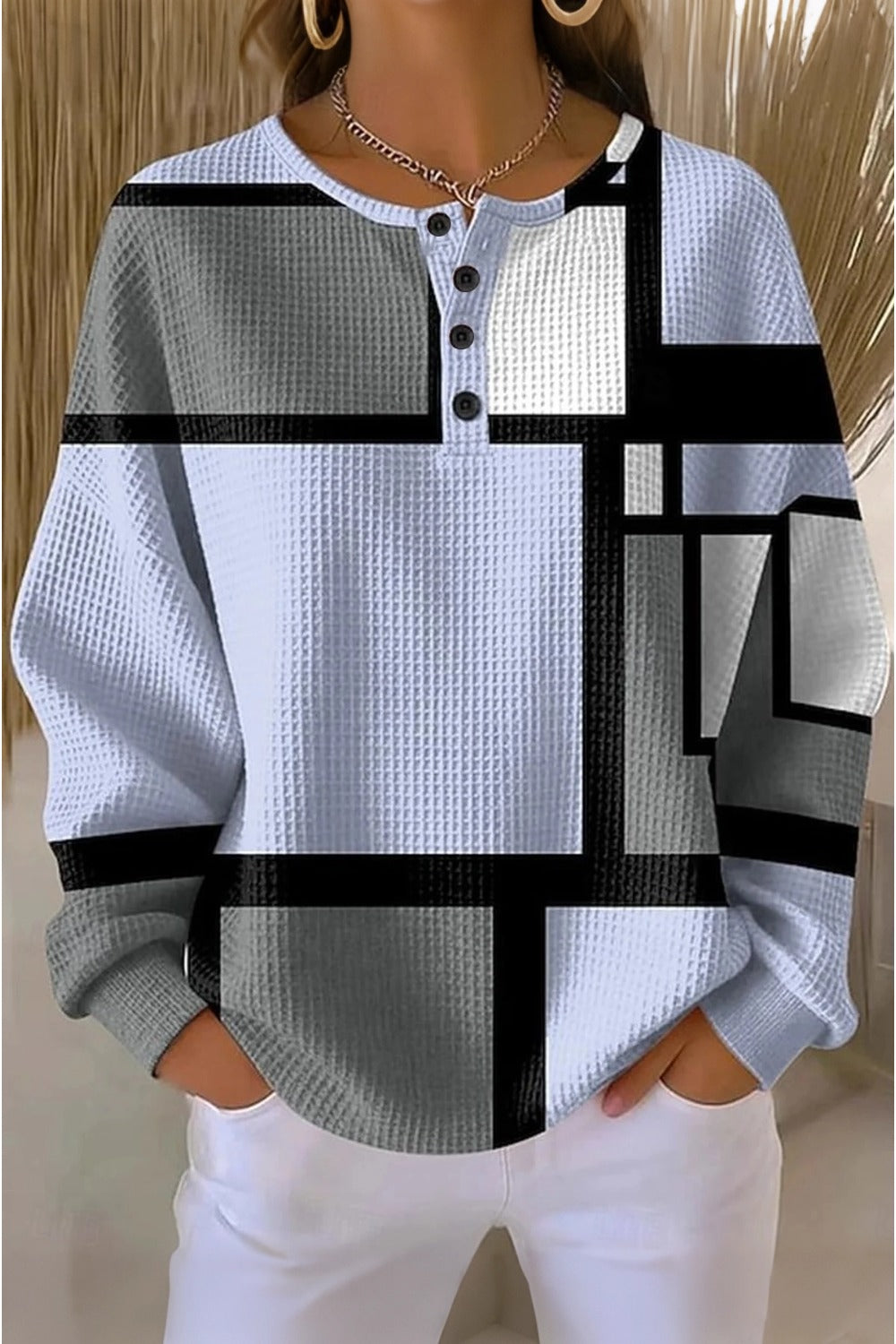 Women's  Geometric Pattern Art Print Casual Waffle Sweatshirt