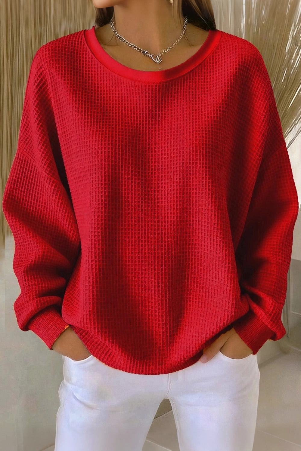 Women's  Casual Plain Crew Neck Waffle Sweatshirt
