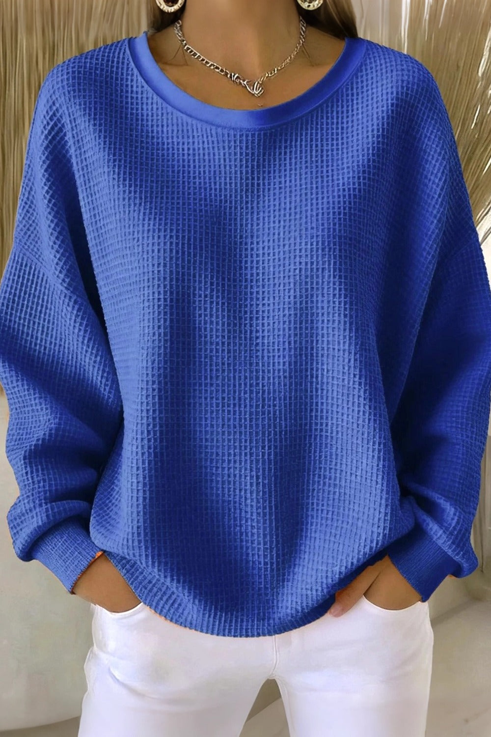 Women's  Casual Plain Crew Neck Waffle Sweatshirt