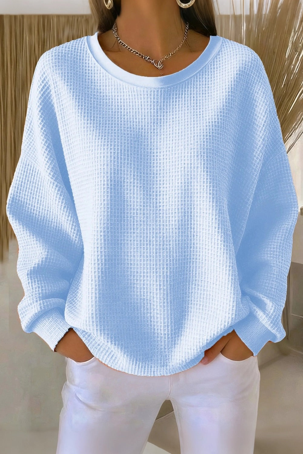 Women's  Casual Plain Crew Neck Waffle Sweatshirt