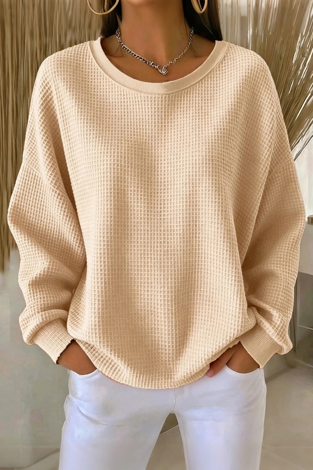 Women's  Casual Plain Crew Neck Waffle Sweatshirt