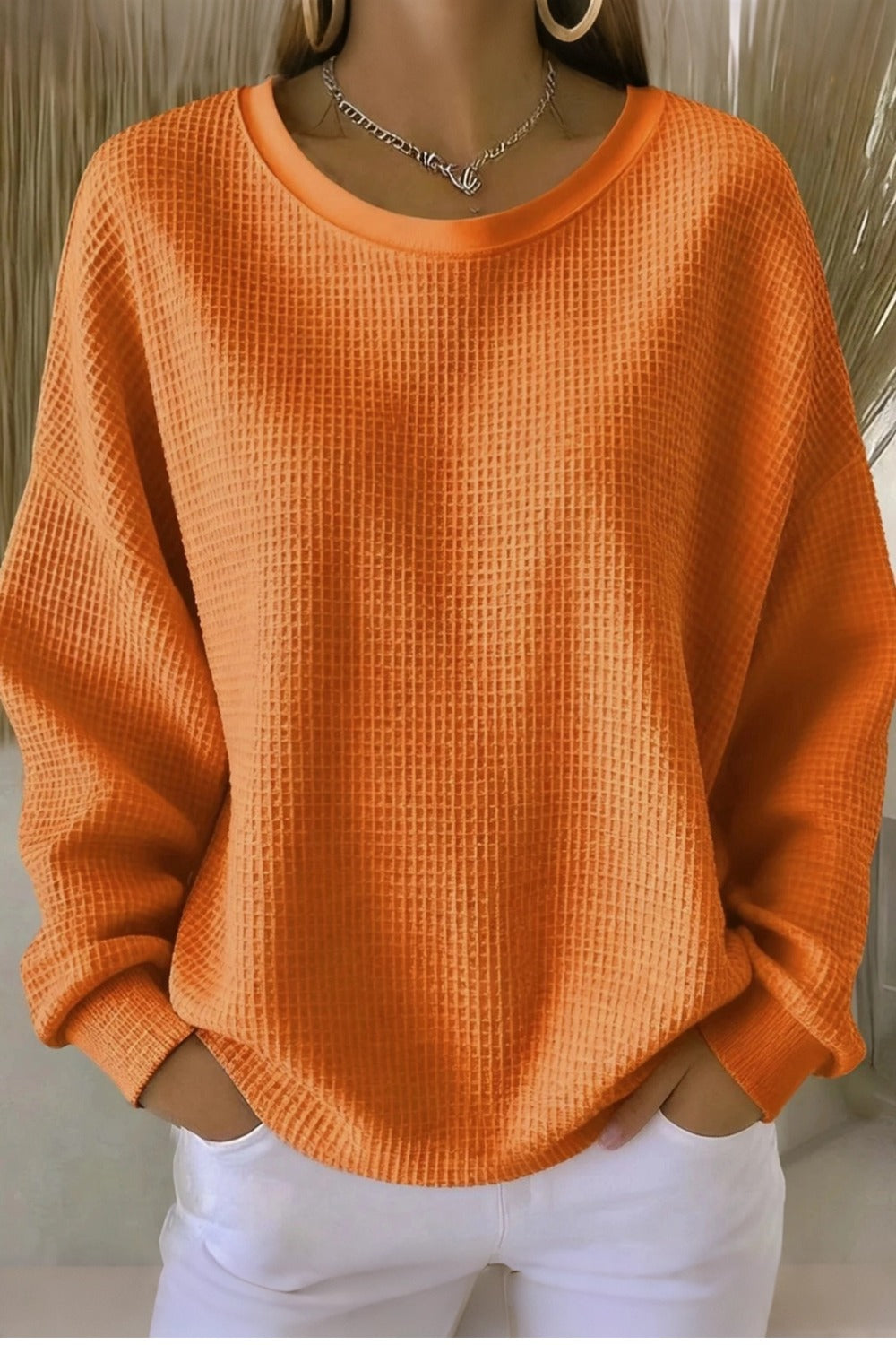 Women's  Casual Plain Crew Neck Waffle Sweatshirt