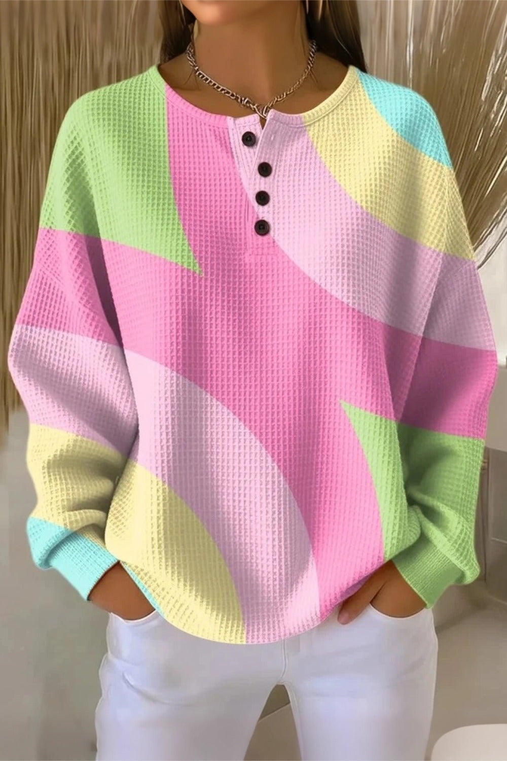 Abstract Colorblock Waffle Knit Button Henley Long Sleeve Top