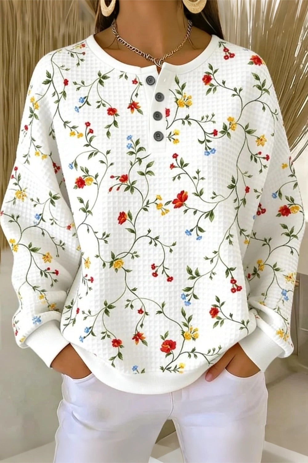 Floral Print Waffle Knit Button Henley Sweatshirt