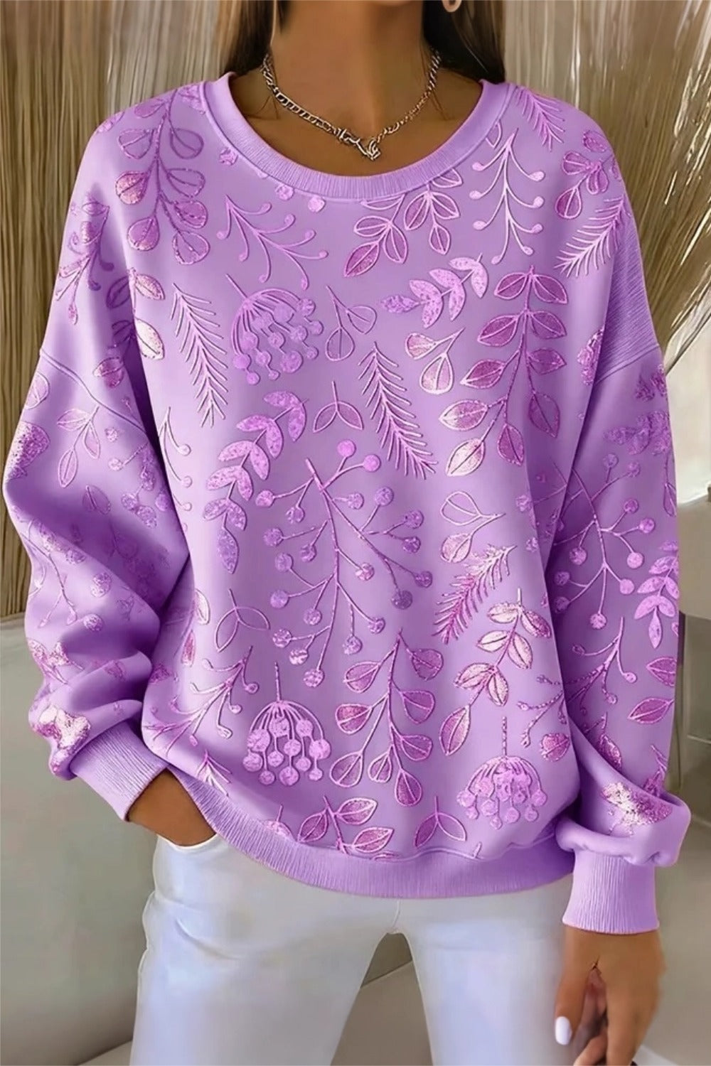 Foil Botanical Print Crew Neck Oversized Sweatshirt