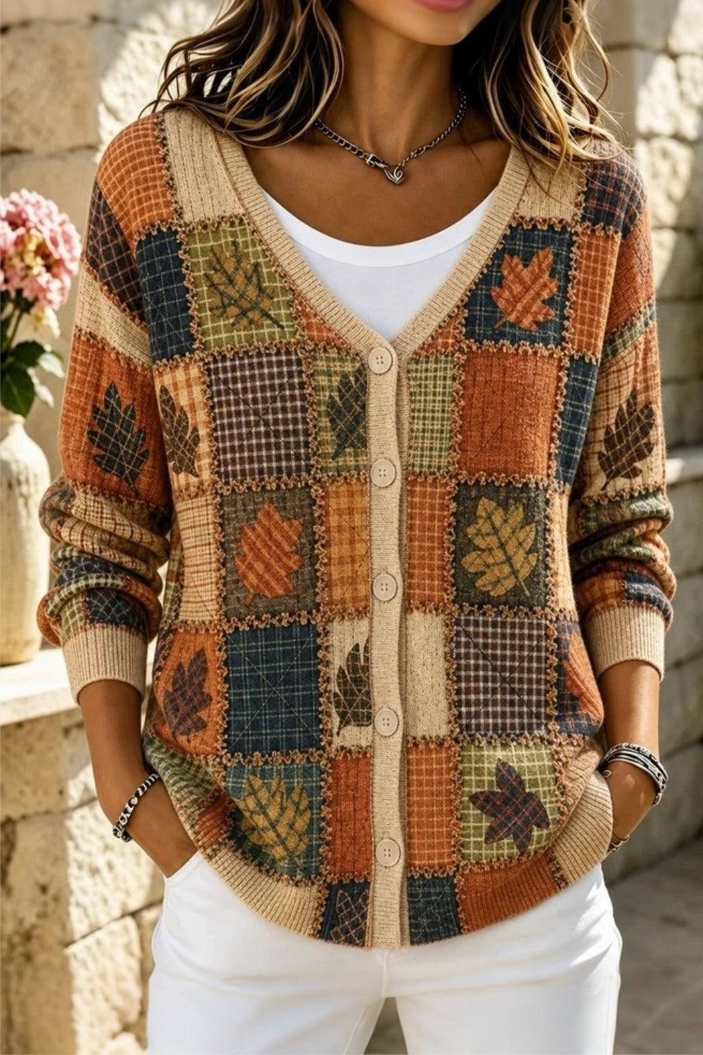 Patchwork Plaid Leaf Print Button Front Cardigan