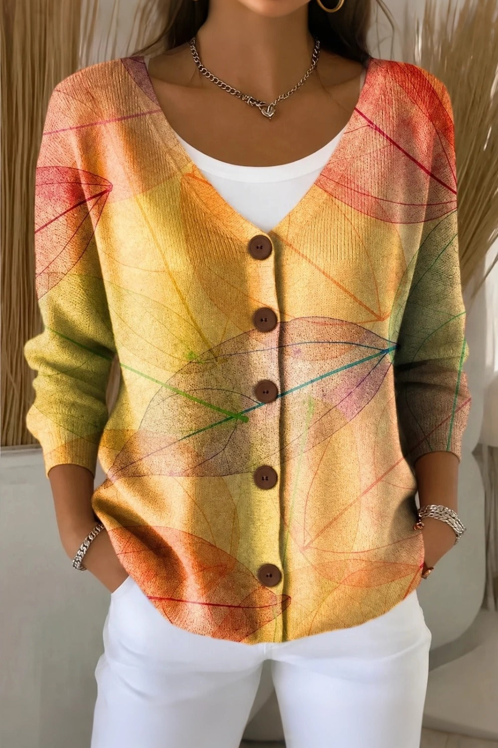 Women Elegant Leaf Regular Fit V Neck Knit Cardigan