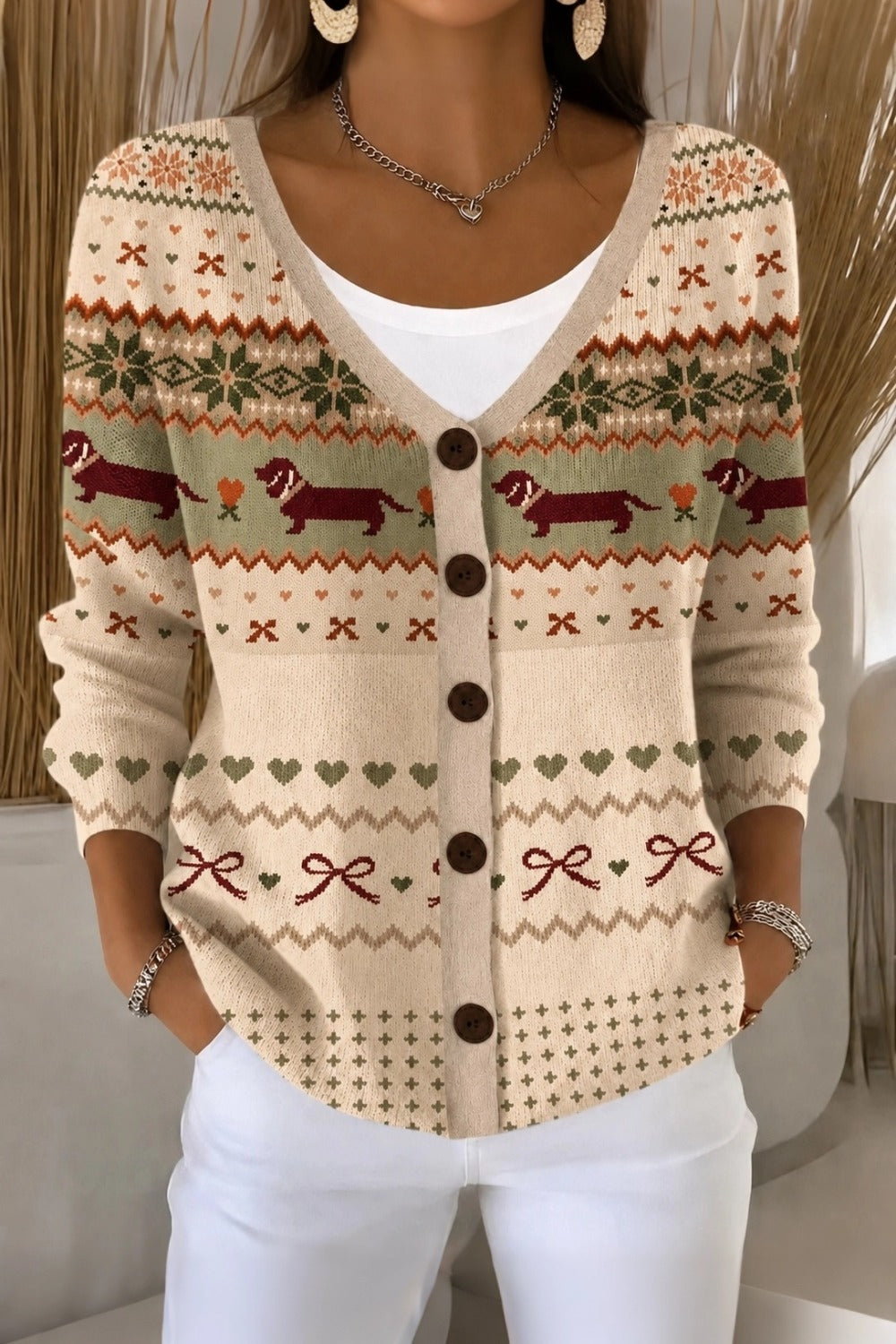 Women Regular Fit Casual Dog Knit Cardigan