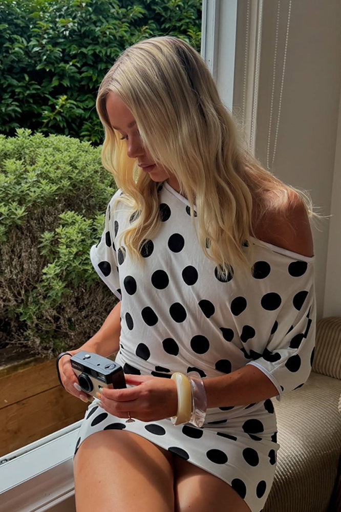 Polka Dot Off Shoulder Short Sleeve Oversized T-Shirt Mini Dress