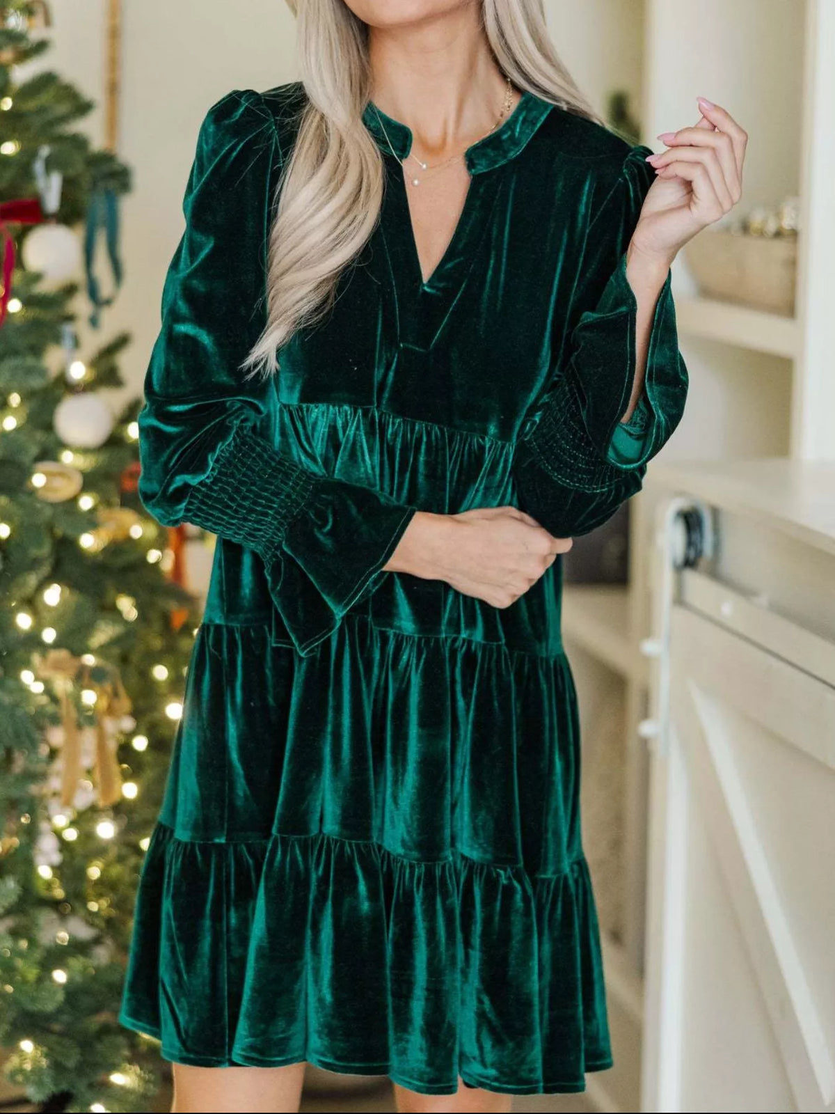Velvet Notched Neck Long Sleeve Smocked Cuff Tiered Mini Dress 2