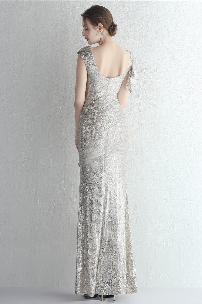 Sequin High Neck Cap Sleeve Ruffle High Split Mermaid Gown