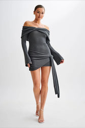 Sheer Spaghetti Strap Off-Shoulder Fitted Knit Maxi Sweater Dress 2