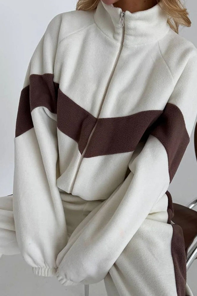 Chevron Colorblock Zip Front Fleece Jacket and Side Stripe Pants Two Piece Set 2