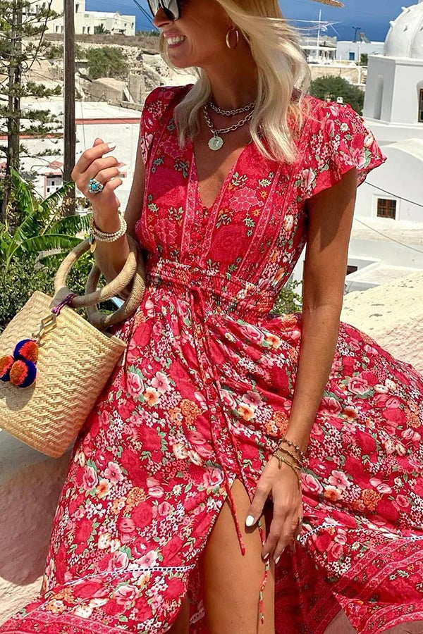 Boutique Oriana Summer in Greece Boho Print, Ruffle Sleeves, Elastic Waist, High Low Midi Dress Premium Wardrobe Essential