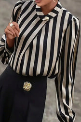 Striped Plus Size Satin Gold Button Elegant Workwear Blouse