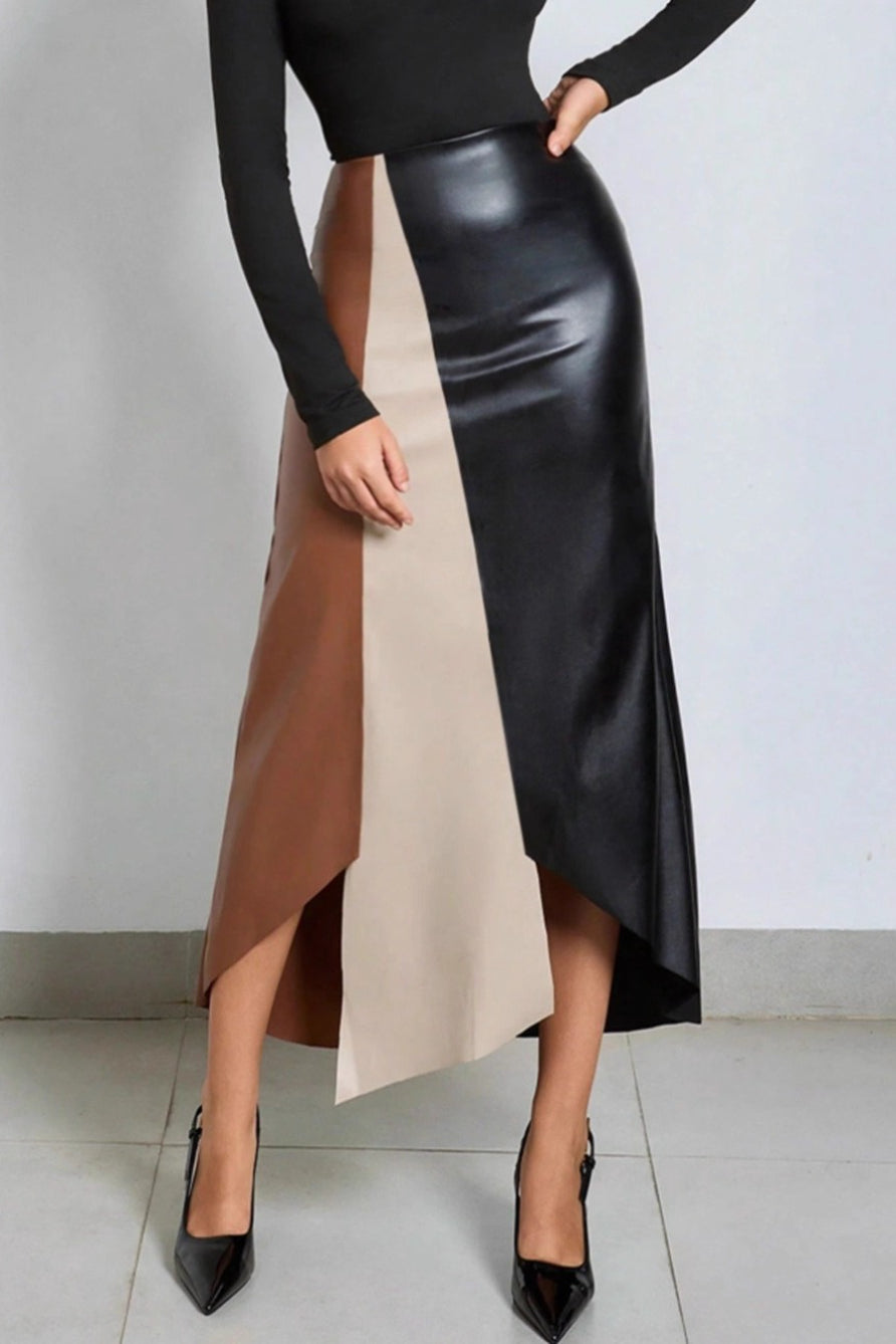 Color Block Faux Leather High Waist Asymmetric Hem Midi Skirt 3