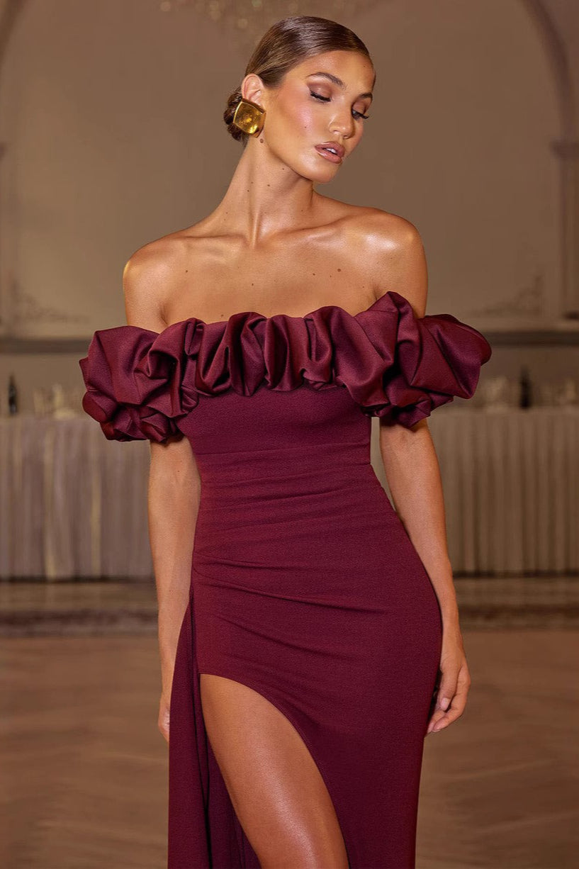 Off Shoulder Ruffle Ruched High Split Mermaid Gown - View 2