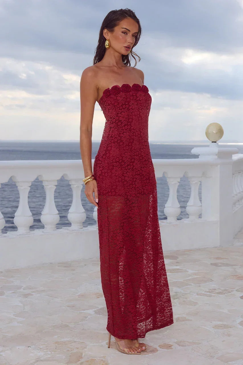 Floral Lace Strapless Scalloped Neckline Column Maxi Dress 2