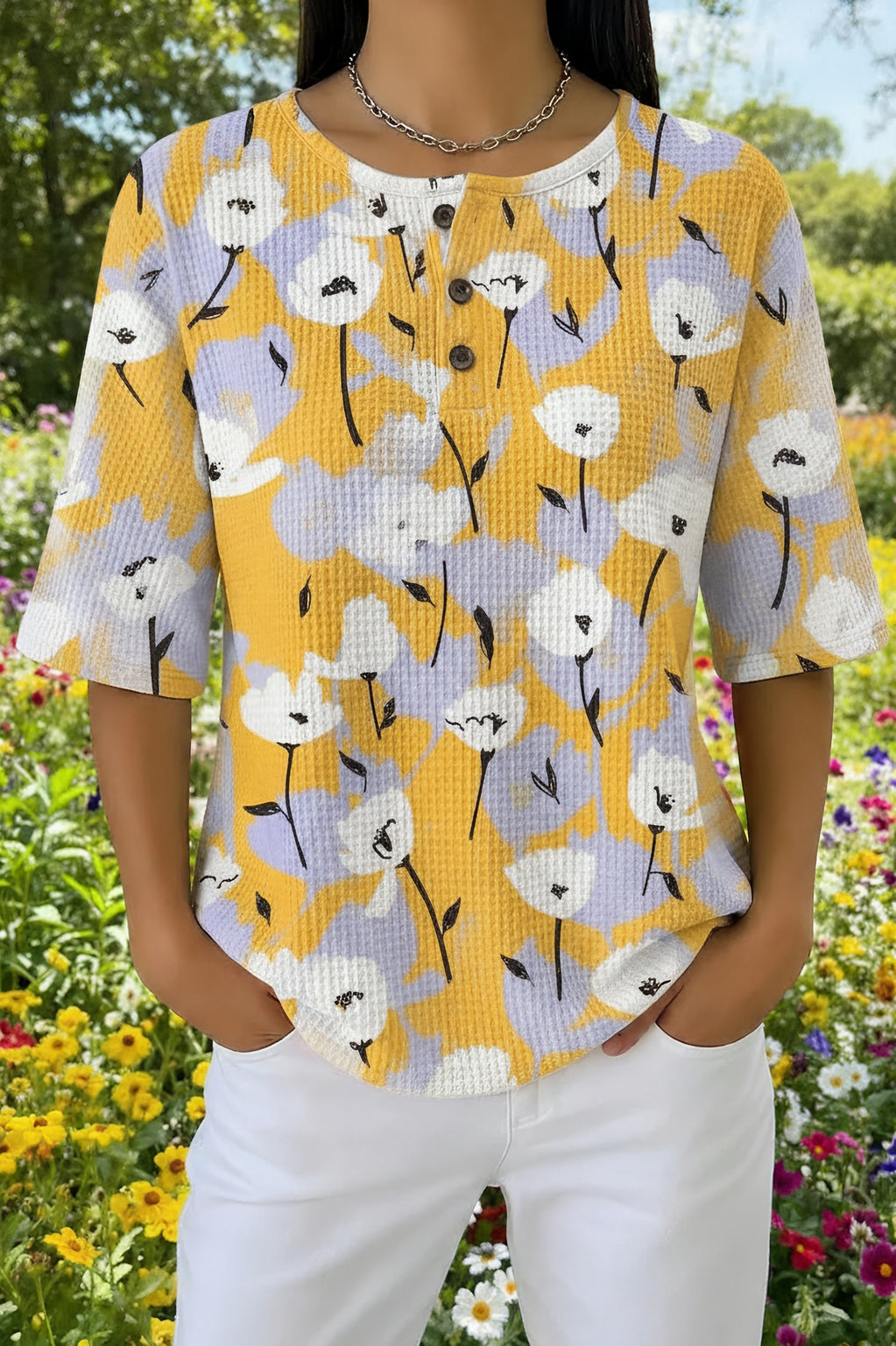 Womens Yellow Cat Floral Print Casual Shirt