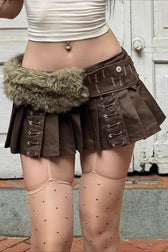 Faux Fur Belted Side Zipper Pleated Skirt