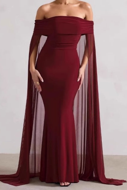 Strapless Cape Long Formal Dress XS / Red